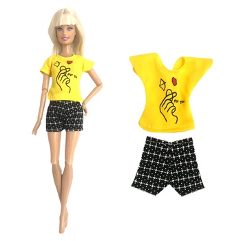 NK 1 комплект 1/6 принцеса, всекидневни жълт топ с надпис Love, модни дрехи за всеки ден, черни Шорти за Барби, аксесоари за кукла, подарък за момичета, играчка