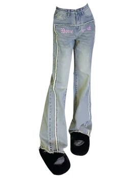 Дънкови панталони с бродерия Kpop, разкроена дънки Harajuku, Модни Y2k, градинска дрехи, Дълги панталони 2000-те, эстетичные разкроена панталони Tide
