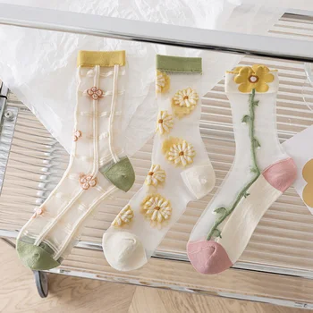 Нови летни тънки прозрачни копринени чорапи с кристали, дамски чорапи с бродирани цветя, модни кавайные разтеглив дълги чорапи
