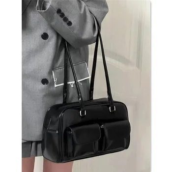 Голям голям чанта през рамо от изкуствена кожа, реколта модерна нова дамска чанта двойни ципове на подмишниците, практически чанта бизнес класа, практически чанта