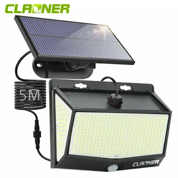 CLAONER Водоустойчив 468 led лампи за слънчева енергия, датчик за движение PIR, градинска лампа за гараж, вътрешен двор, 3 режима на работа с кабел с дължина 5 m