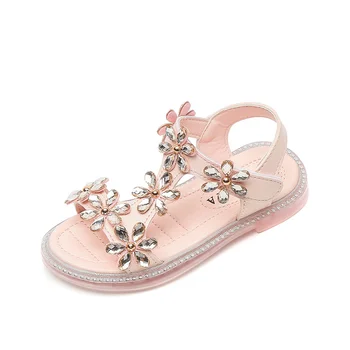 Летни сандали за децата, сладки бебешки сандали с цветя модел за момичета, ежедневни блестящи детски сандали с отворени пръсти за момичета, нескользящая обувки принцеса с мъниста