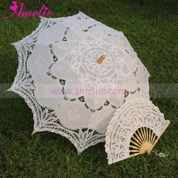 Бял дантелен чадър с ръчно изработени бродерии, чадър на булката и завързана фен, чадър за сватба, рожден ден