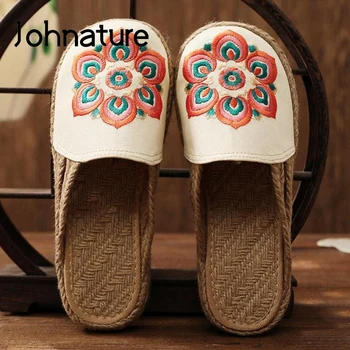 Дамски чехли Johnature, лятна обувки, бродирани отвън пързалки, новост 2022 година, удобни меки чехли ръчно изработени от памук и лен, лаконичном стил