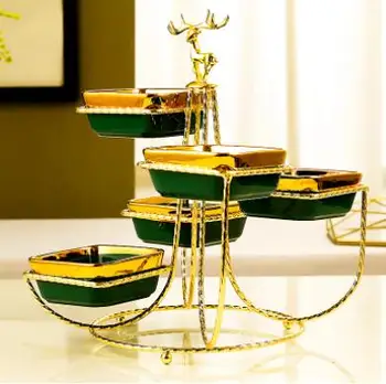 Творческа керамично тъмно зелено позлатените ястие за закуски с метална рамка във формата на елен, плодови чиния за всекидневната, чиния за десерт дребни сладки