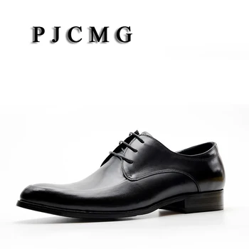 PJCMG/Модни Мъжки Oxfords, Сватбени Мъжки обувки дантела С Остри Пръсти, Обикновена Офис Обувки с Дърворезба От Естествена Кожа, Черни/Червени Вечерни Мъжки Модел обувки