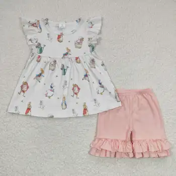 RTS/бутик за дрехи за момичета, Нова великден костюм с изображение на Заек и пиле, панталони с къси ръкави, летен костюм за момичета