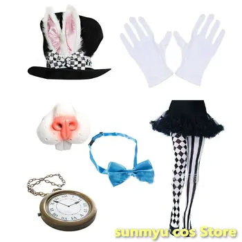 Шапка с заячьими уши, джобни часовници, папийонка, определени за носа, Cosplay на Великден, cosplay на Хелоуин, Бяла капачка, със заек, cosplay Алиса в Страната на Чудесата