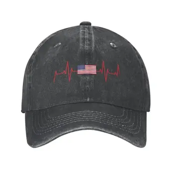 Персонални памучен бейзболна шапка с сердцебиением под флага на САЩ, защита от слънцето, мъжки дамски регулируема лятна шапка на татко с флага на сащ