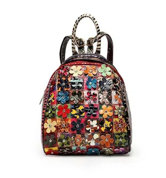 Дамска чанта 2022, Нов художествен раница с цветя, модерна чанта от естествена кожа с принтом, преносима дамска чанта-раница