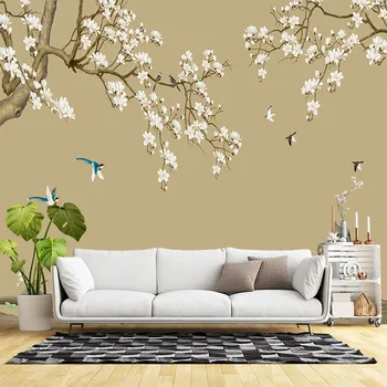 Модерни нови китайски цветя и птици, ръчно рисувани, магнолия за дома, индивидуални 3D тапети, тапети за хола, спалня