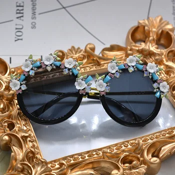 Нова Мода барок Жени, Момичета Бяло цвете Слънчеви очила ретро марка Луксозни Скъпоценни Камъни Птица Слънчеви очила Летни плажни очила