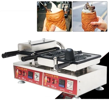 Търговски цифрова машина тайяки с отворена уста електрическа машина за приготвяне на сладолед с голяма уста, гофрети, рог за риба, 2 бр., форма за сладолед тайяки