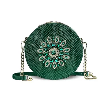 Уникални дамски кръгла чанта 2023, Нова универсална женствена чанта от естествена кожа с диамантена инкрустация, малка чанта през рамото на веригата 50