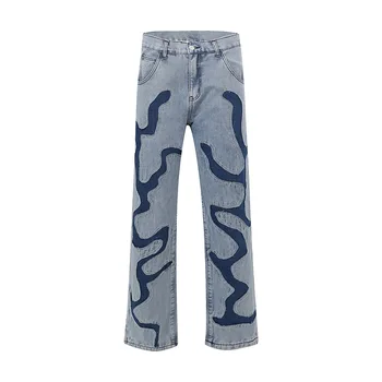 Извънгабаритни мъжки повредени splice, синя нашивка, бродирани дънкови панталони в стил хип-хоп, градинска дрехи, скъсани дънкови панталони