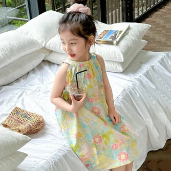 Рокля-жилетка с цветен модел за момичета 2023, Нови летни детски плажни рокли принцеса без ръкави от 3 до 7 години, бебешки дрехи в корейски стил
