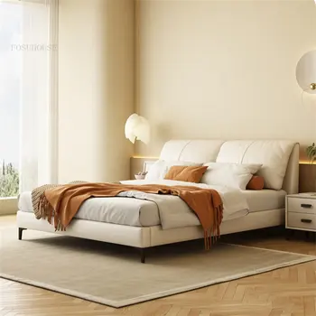 Скандинавски лесен Луксозна Кожена рамка легла за обзавеждане на спалня Модерен минималистичен рамка двойно легло от масивно дърво 1,5 м в основната спалня
