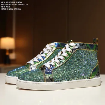 Дизайнерска луксозна мъжки обувки, дамски обувки с висок берцем, кристали, лятна зелена змия кожа с диаманти, няколко нощни ризи с диаманти