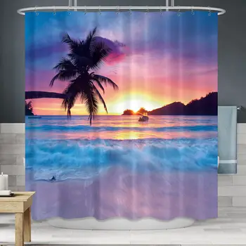 Плажната завеса за душ-Тропически морски слива дървета Завеса за душ Залез Океанските вълни Завеса за душ Синьо небе Крайбрежно Слънцето с една кука