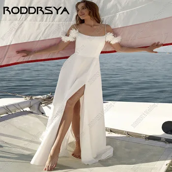 RODDRSYA 2023 Минималистичное Сватбена рокля с Квадратна яка, спагети, без ръкави, дантела, с отворен гръб, Сватбени Рокли, Секси халат с висока цепка