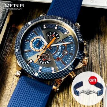 Спортни кварцов часовник MEGIR, мъжки модерен ръчен часовник с хронограф, светлинен часовник с каишка от неръждаема стомана, с резервен силиконов каучук, от Дата 2216