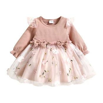 Бебешка рокля от окото на материал с цветен модел за момичета, пролетта розова рокля с лък в рубчик за новородено, рокли на принцеси за рожден ден