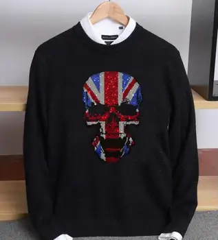 Модерен вязаный хип-хоп градинска дрехи, пуловер с кристали, ежедневни двойка пуловери с кръгли деколтета, пуловер за мъжете в стил харадзюку
