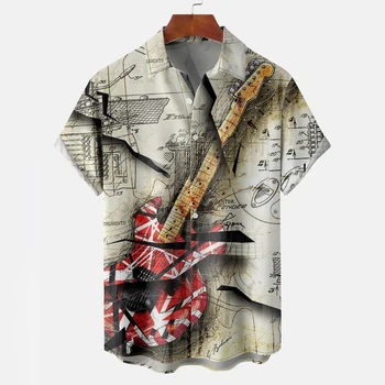 Безплатна ежедневна риза Оверсайз, лятна новост, мъжка риза с ревери и 3D принтом китара, къс ръкав, ежедневни облекла, рок-блузи
