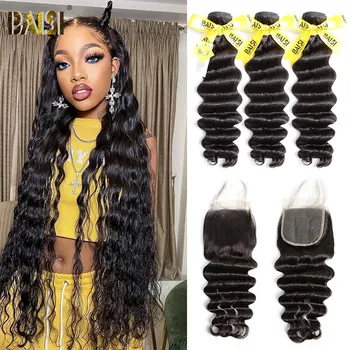 BAISI Hair 12A Клас Перу Дева коса, тъкане на естествена вълна, 3 връзки за коса с дантелен закопчалка за черни жени