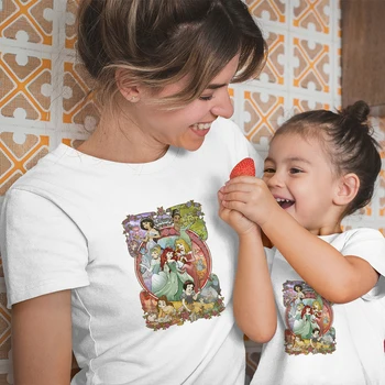 Летни новости Disney Family Look, улични тениски с къс ръкав, серия Princess Kawaii, дамски, мъжки тениски за малки момичета и момчета, топ