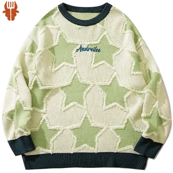Ретро пуловер с петолъчна Звезда за мъже, зимен ретро хип-хоп джърси, пуловер, вязаная градинска облекло 2023, дамски пуловер Оверсайз