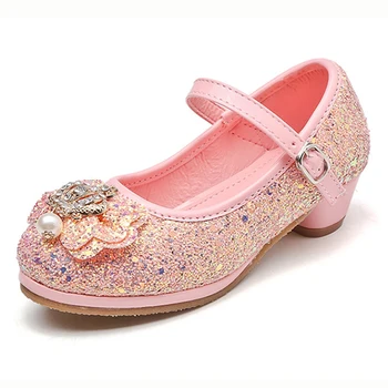 Пролетно-есенен детски танцови обувки на висок ток с пайети за момичета, нови кожени обувки на принцесата да се изяви