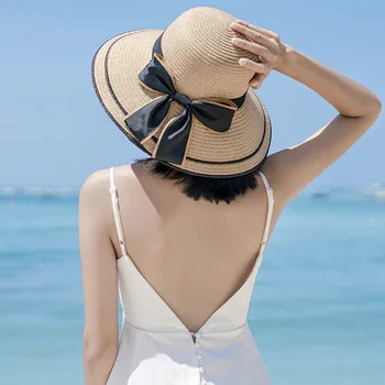 Слънчеви шапки ръчна изработка, сламена шапка с широка периферия, с черна лента дантела, градинска и плажна шапка, летни шапки, Летни дамски шапки