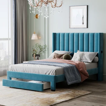 Живеейки в синьо кадифе легло-платформа, Легло за съхранение с голямо чекмедже - в пълен размер мебели за спалня