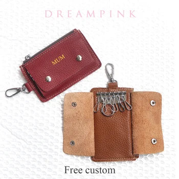 Мъжка чанта за ключове от телешка кожа в стил ретро с поръчкови букви, Семеен женски портфейл за монети с цип ключодържател, Персонализиран подарък с име, малка в чантата си за ключове