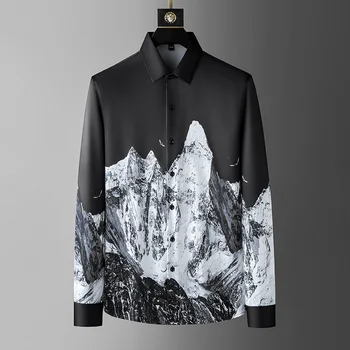 Риза с дълги ръкави и принтом на айсберга премиум-клас, мъжки пролетно луксозна модерна ежедневна риза, мъжки копринени еластичен топ