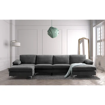Секционни диван за хола Секционни диван от плат и U-образна форма на секционни диван-канапе-Тъмно сив диван