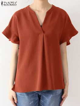 ZANZEA Годишна Елегантна Дамска блуза с V образно деколте, Модни Блузи с къс ръкав и едноцветните накъдрен Свободна работна риза Дамски Свободна Туника Blusas