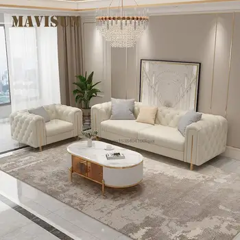 Италиански Модерен Минималистичен Луксозен диван Chesterfield Висок клас За Малък апартамент, Бял Секционни Диван от естествена кожа
