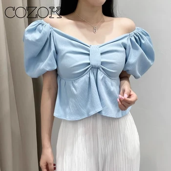 COZOK Корейски Шик Сладки Темпераментни Блузи Femme 2023 Лятна Ниша, Нежна папийонка С V-Образно деколте И открити Рамене, Ризи С Пищни ръкави