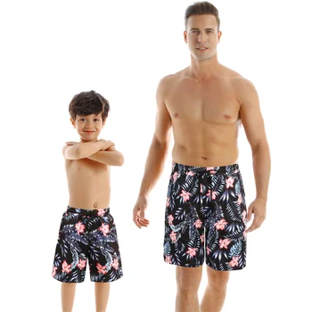 Семейство, летни шорти за къпане на отца и сина, бързо съхнещи къси панталони с еластичен колан и цветисти принтом във формата на листа, бански костюм