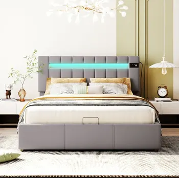 Меко легло Queen Size с led подсветка, Bluetooth плейър и USB-зареждане; хидравлична легло за съхранение от сива кадифена тъкан