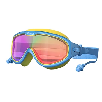 Детски очила за плуване с затычками за уши, Детски водоустойчив очила за плуване с защита от замъгляване HD, очила за плуване в голяма рамка, за момчета и момичета