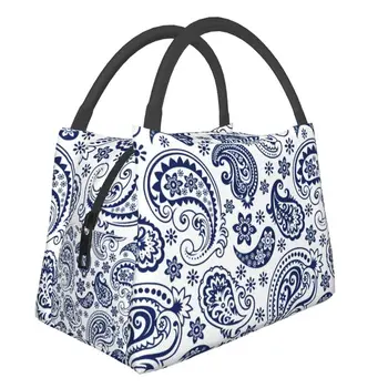Синьо-бели реколта изолирани чанти за обяд в стил Пейсли за жени, фланец охладител с цветен модел, термосумка за обяд