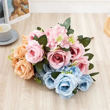 Висококачествени изкуствени Цветя, ретро Коприна Букет от Рози, Хортензия, божур, булка, держащая фалшив цвете за дома за сватбена декорация
