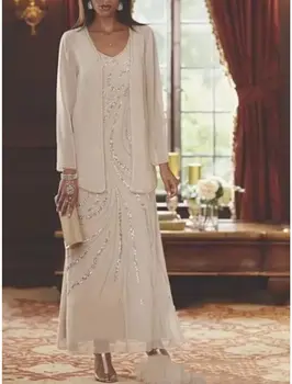 Елегантна шифоновое рокля за майката на булката с V-образно деколте, дължина до щиколоток, расшитое пайети, с жакетом, с дълъг ръкав, като официалното събитие за гостите на сватбата