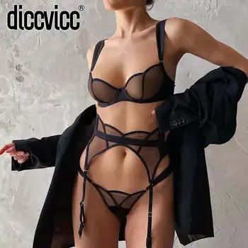 Секси бельо Diccvicc, комплект от 3 теми, сутиен и Бикини с цветен кант, прозрачно дантелено Дамско Бельо, необичайна жартиера, Екзотичен интимно