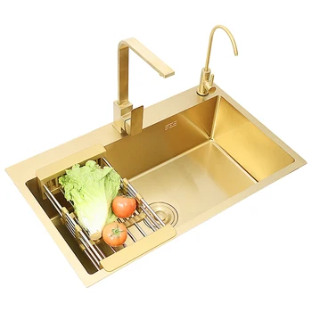 Златна кухненска мивка Nano ръчно изработени от неръждаема стомана 304, единични златни мивки, Кошница за източване, захранващи сапун, Мивка