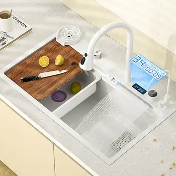 Мивка от неръждаема стомана, съвременна голяма однощелевая купа, мивка, водопадный кран с цифров дисплей за дома