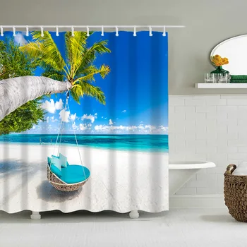 Завеси за душ с кокосова палма и морска вълна, завеса за баня от износостойкого полиестер, завеса за баня с куки, обзавеждане за баня
